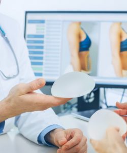 Plastic / Cosmetic Surgeon Shows Female Patient Breast Implant Samples for Her Future Surgery. Professional and Famous Surgeon Working in Respectable Clinic.